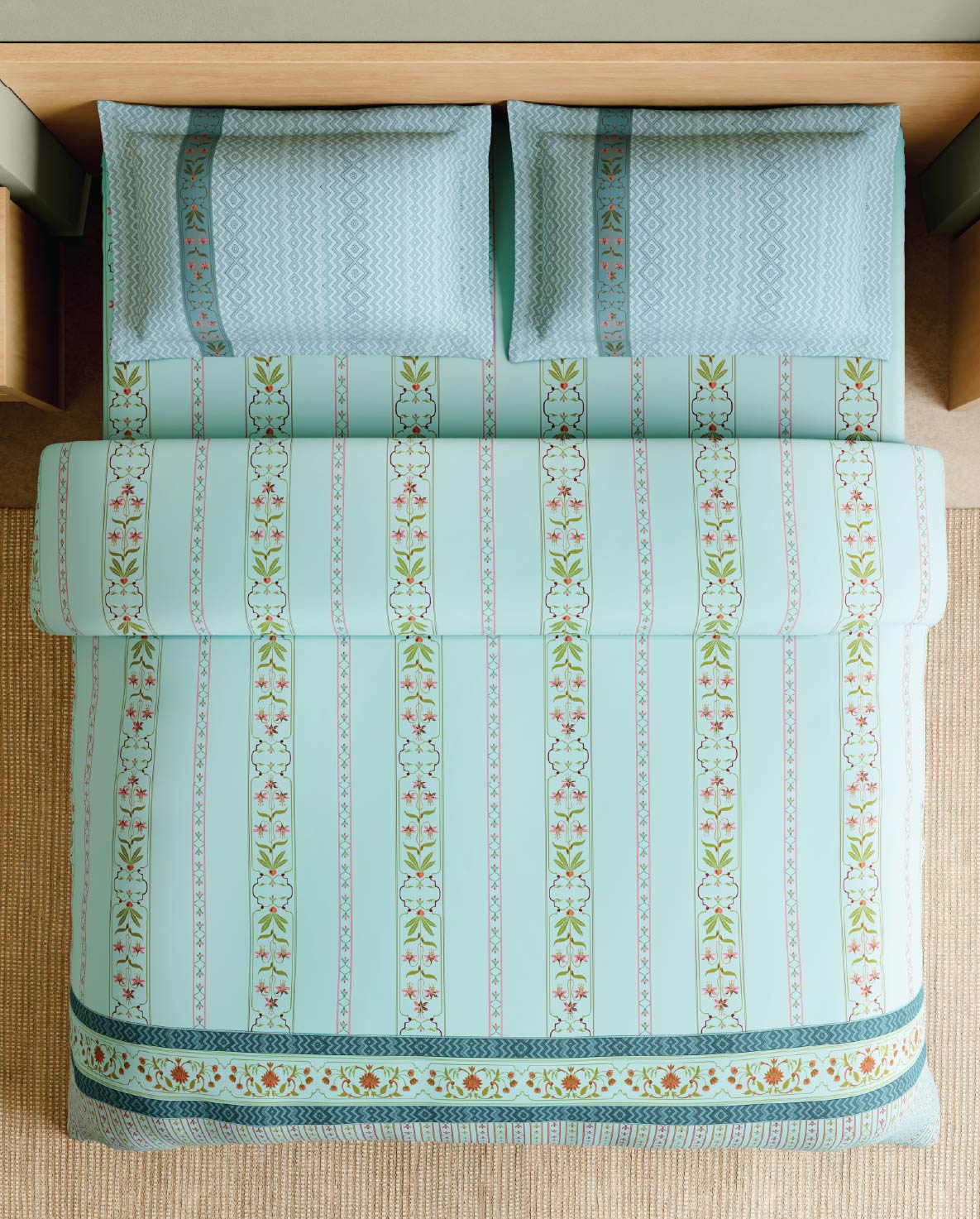 Spaces Marble Inlay Light Blue Floral 100% Cotton 210 TC Large Bedsheet with 2 Pillow Covers - 108 x 108 Inches