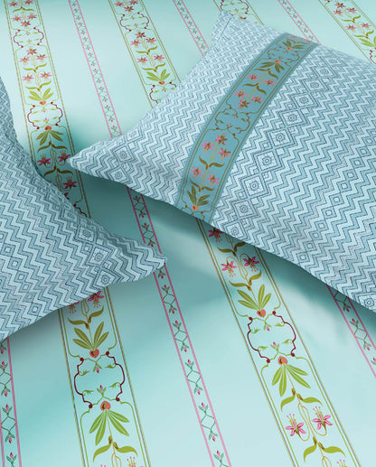 Spaces Marble Inlay Light Blue Floral 100% Cotton 210 TC Large Bedsheet with 2 Pillow Covers - 108 x 108 Inches