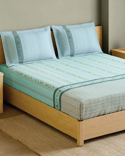 Spaces Marble Inlay Light Blue Floral 100% Cotton 210 TC Large Bedsheet with 2 Pillow Covers - 108 x 108 Inches