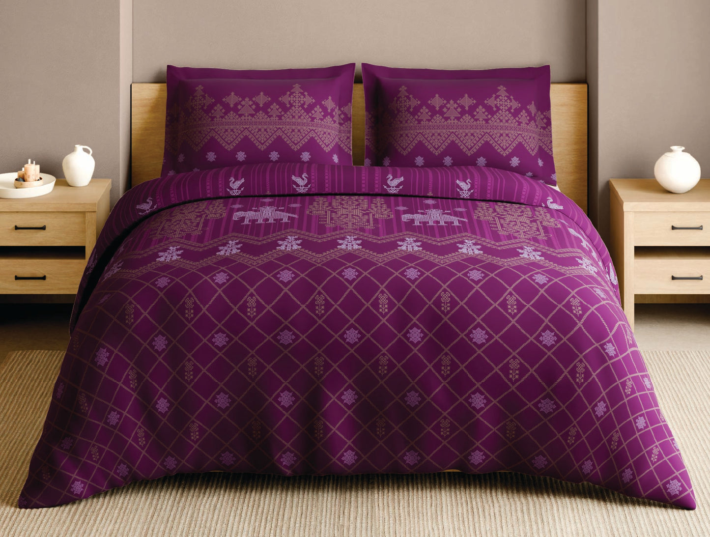 Spaces Kasuti Dark Pink Ornate 100% Cotton Large Bedsheet with 2 Pillow Covers - 108 x 108 Inches