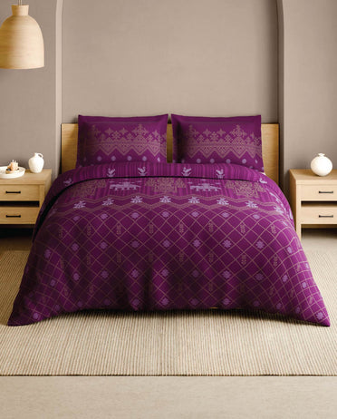 Spaces Kasuti Dark Pink Ornate 100% Cotton 210 TC Large Bedsheet with 2 Pillow Covers - 108 x 108 Inches