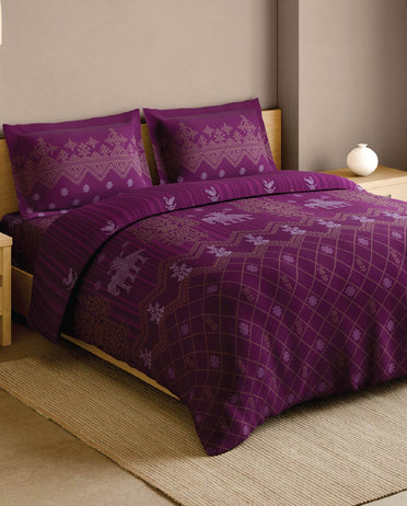 Spaces Kasuti Dark Pink Ornate 100% Cotton 210 TC Large Bedsheet with 2 Pillow Covers - 108 x 108 Inches