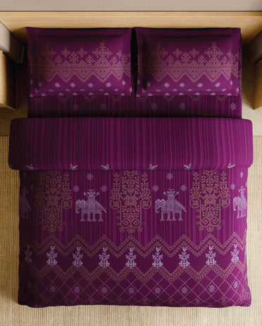 Spaces Kasuti Dark Pink Ornate 100% Cotton 210 TC Large Bedsheet with 2 Pillow Covers - 108 x 108 Inches