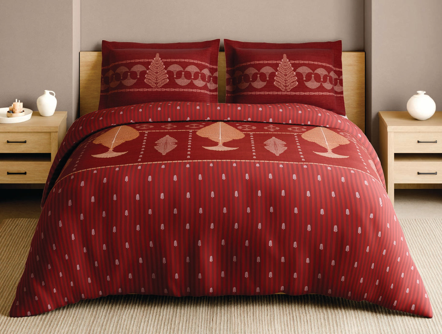 Spaces Patachitra Red Ornate 100% Cotton Large Bedsheet with 2 Pillow Covers - 108 x 108 Inches