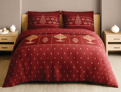 Spaces Patachitra Red Ornate 100% Cotton Large Bedsheet with 2 Pillow Covers - 108 x 108 Inches