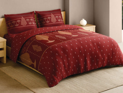 Spaces Patachitra Red Ornate 100% Cotton Large Bedsheet with 2 Pillow Covers - 108 x 108 Inches
