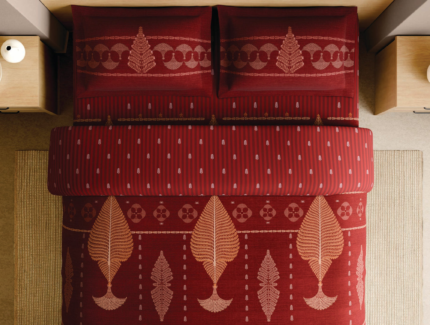 Spaces Patachitra Red Ornate 100% Cotton Large Bedsheet with 2 Pillow Covers - 108 x 108 Inches