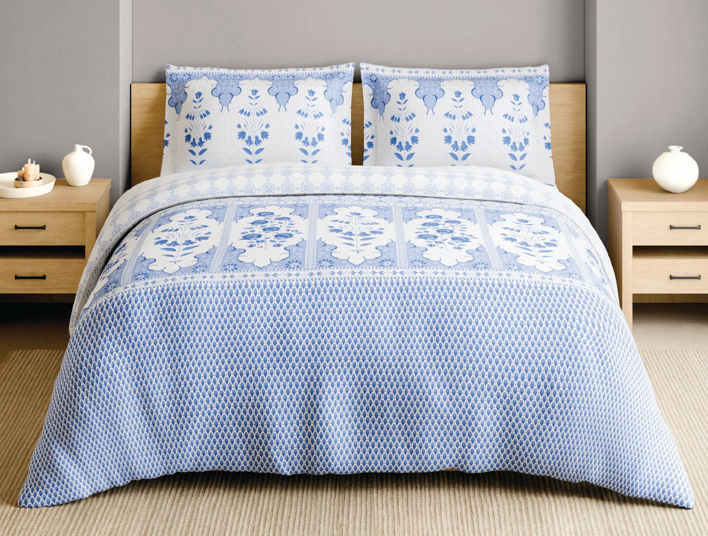 Spaces Blue Pottery 100% Cotton Floral Light Blue Festive Large Bedsheet with 2 Pillow Covers - 108 x 108 Inches