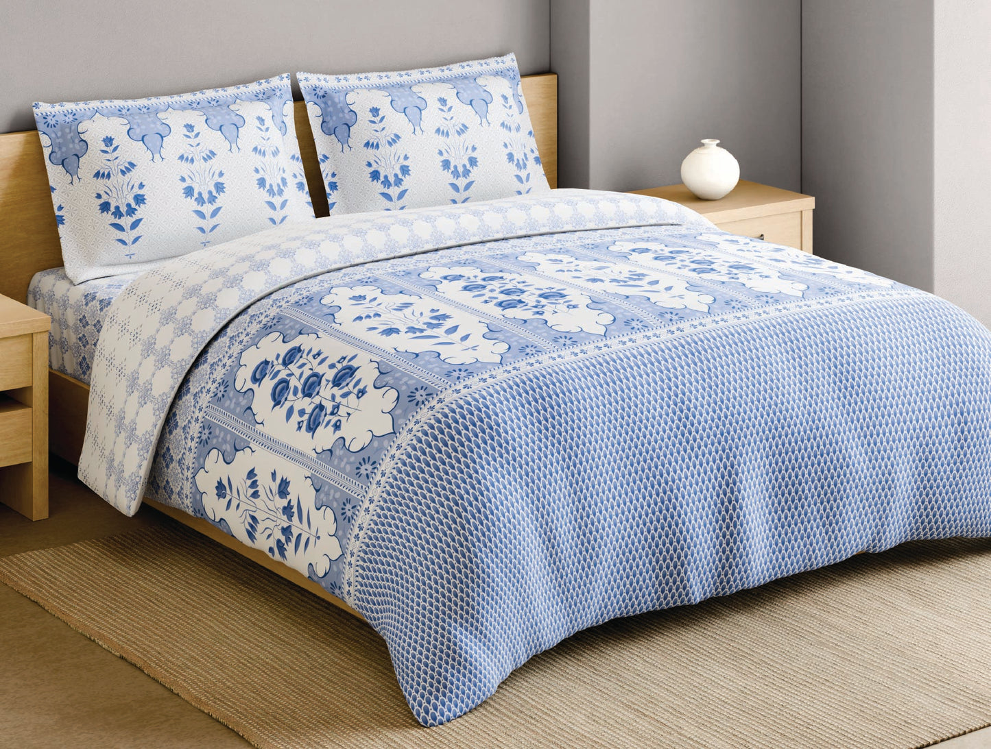 Spaces Blue Pottery 100% Cotton Floral Light Blue Festive Large Bedsheet with 2 Pillow Covers - 108 x 108 Inches