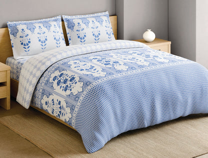 Spaces Blue Pottery 100% Cotton Floral Light Blue Festive Large Bedsheet with 2 Pillow Covers - 108 x 108 Inches