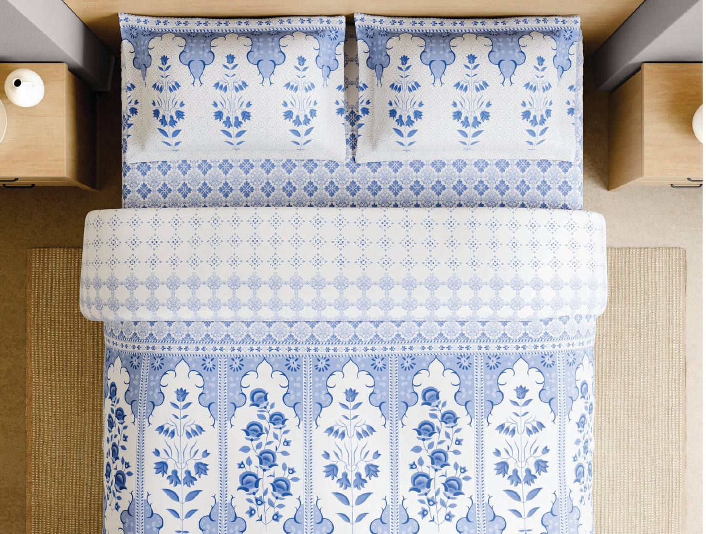 Spaces Blue Pottery 100% Cotton Floral Light Blue Festive Large Bedsheet with 2 Pillow Covers - 108 x 108 Inches