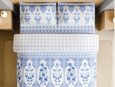 Spaces Blue Pottery 100% Cotton 210 TC Floral Light Blue Festive Large Bedsheet with 2 Pillow Covers - 108 x 108 Inches