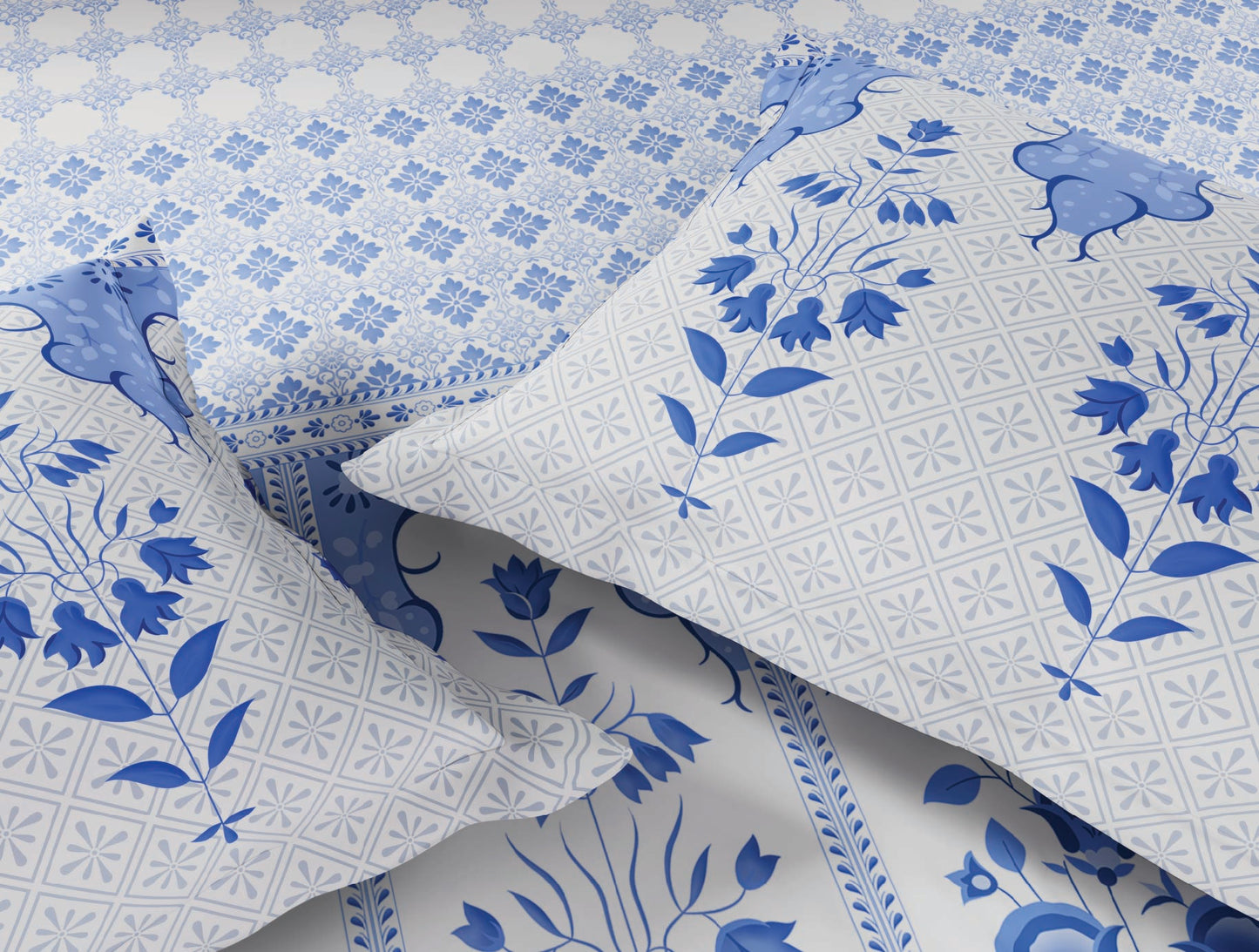 Spaces Blue Pottery 100% Cotton Floral Light Blue Festive Large Bedsheet with 2 Pillow Covers - 108 x 108 Inches