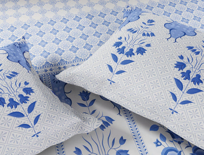 Spaces Blue Pottery 100% Cotton Floral Light Blue Festive Large Bedsheet with 2 Pillow Covers - 108 x 108 Inches