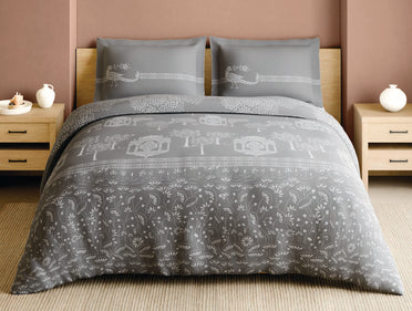 Spaces Sanjhi Grey Floral 100% Cotton 210 TC Large Bedsheet with 2 Pillow Covers - 108 x 108 Inches