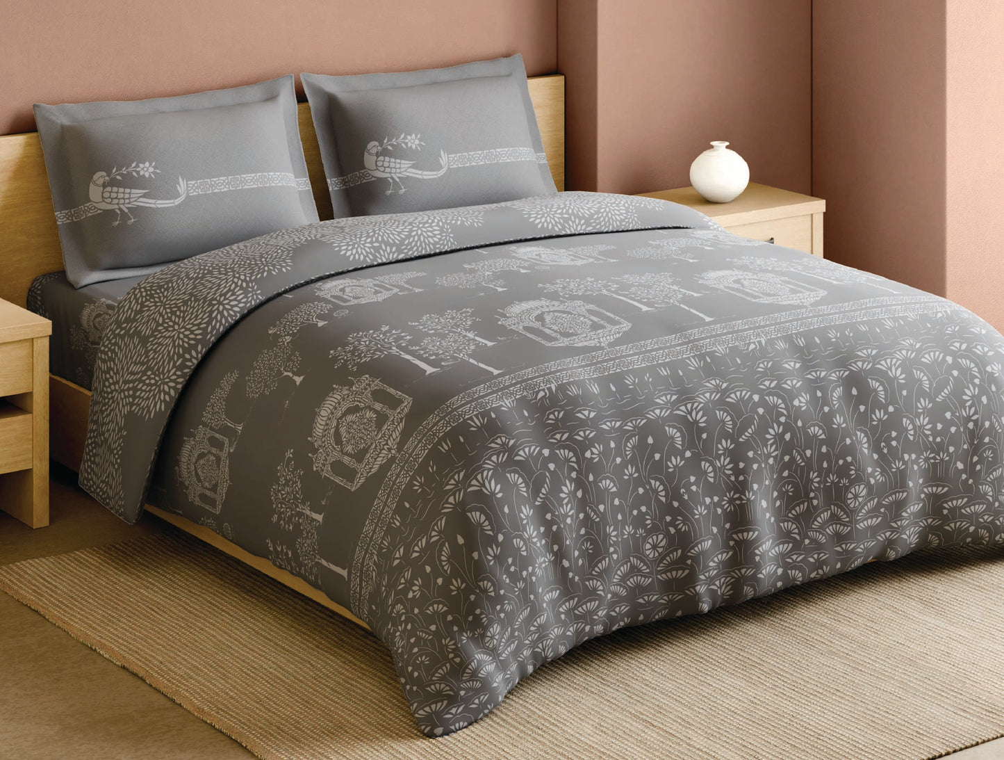 Spaces Sanjhi Grey Floral 100% Cotton Large Bedsheet with 2 Pillow Covers - 108 x 108 Inches