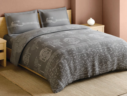 Spaces Sanjhi Grey Floral 100% Cotton Large Bedsheet with 2 Pillow Covers - 108 x 108 Inches