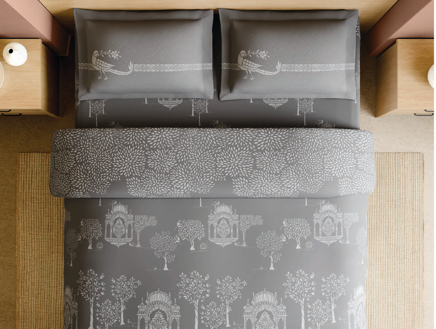 Spaces Sanjhi Grey Floral 100% Cotton Large Bedsheet with 2 Pillow Covers - 108 x 108 Inches