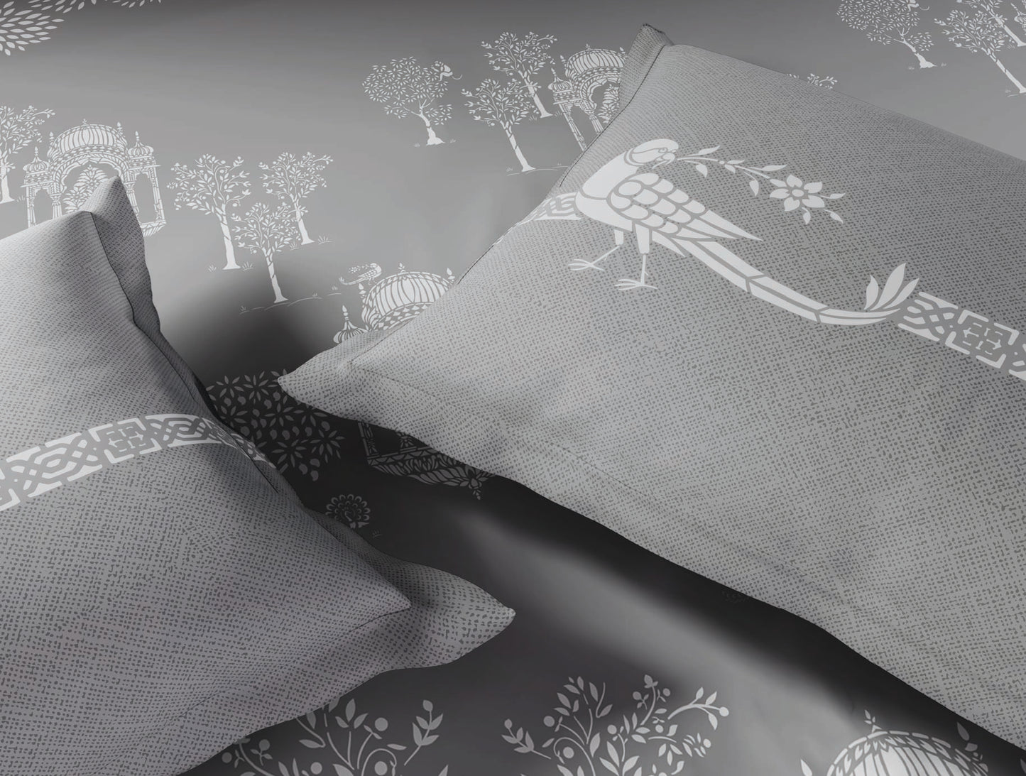 Spaces Sanjhi Grey Floral 100% Cotton Large Bedsheet with 2 Pillow Covers - 108 x 108 Inches