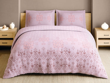 Spaces Kasuti Light Pink Geometric 100% Cotton 210 TC Large Bedsheet with 2 Pillow Covers - 108 x 108 Inches