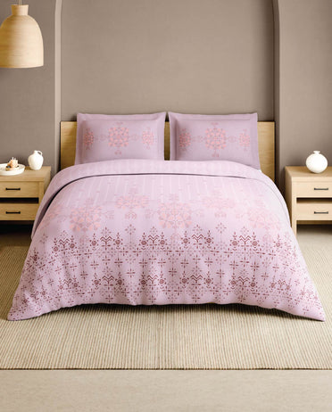 Spaces Kasuti Light Pink Geometric 100% Cotton 210 TC Large Bedsheet with 2 Pillow Covers - 108 x 108 Inches