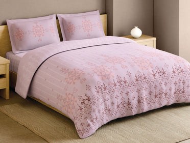 Spaces Kasuti Light Pink Geometric 100% Cotton 210 TC Large Bedsheet with 2 Pillow Covers - 108 x 108 Inches