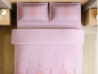 Spaces Kasuti Light Pink Geometric 100% Cotton 210 TC Large Bedsheet with 2 Pillow Covers - 108 x 108 Inches