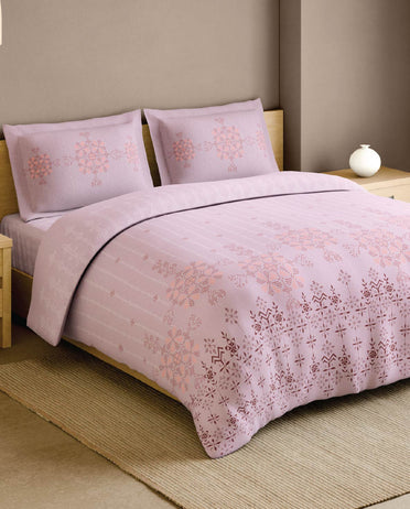 Spaces Kasuti Light Pink Geometric 100% Cotton 210 TC Large Bedsheet with 2 Pillow Covers - 108 x 108 Inches