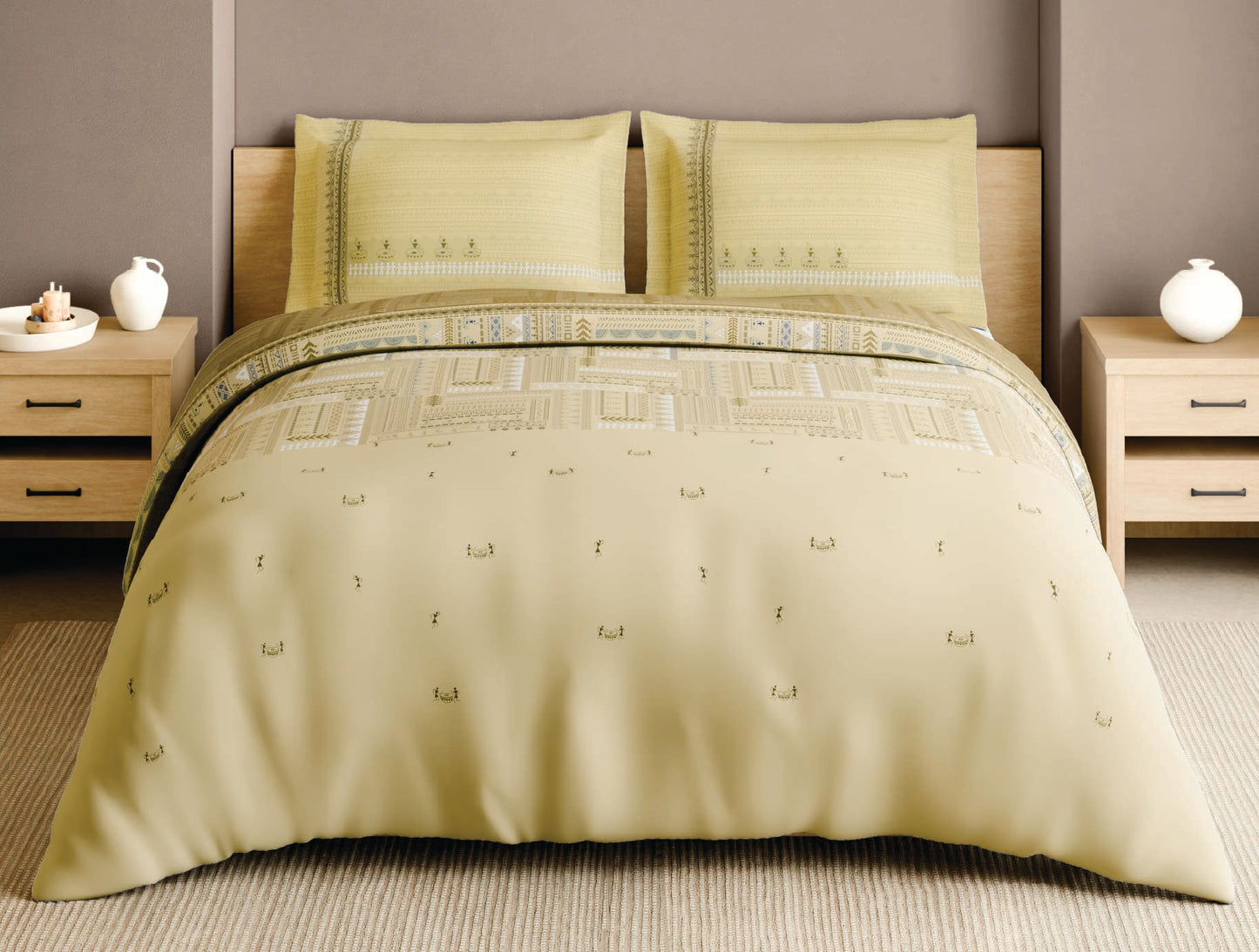 Spaces Warli Light Yellow Abstract 100% Cotton Large Bedsheet with 2 Pillow Covers - 108 x 108 Inches