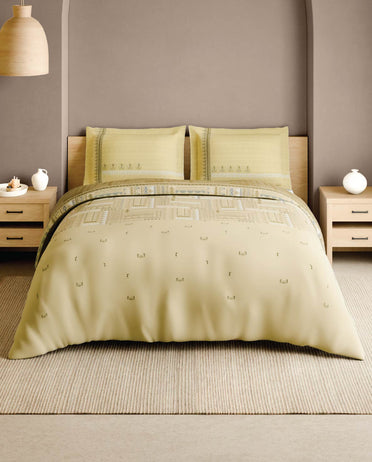 Spaces Warli Light Yellow Abstract 100% Cotton 210 TC Large Bedsheet with 2 Pillow Covers - 108 x 108 Inches