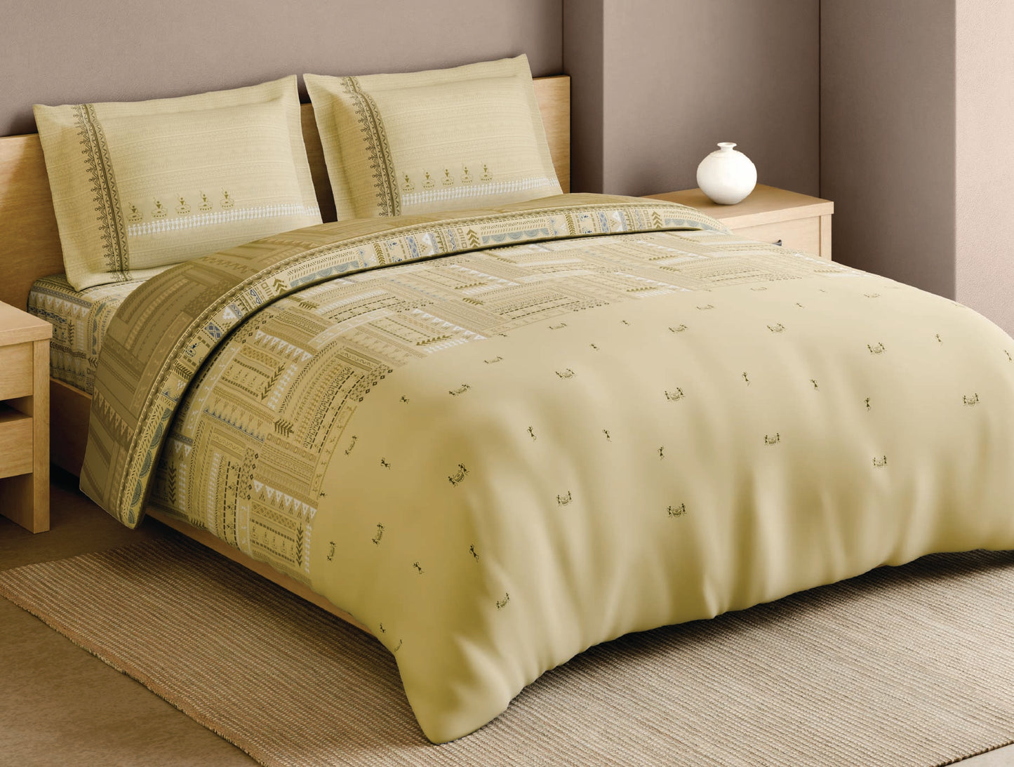 Spaces Warli Light Yellow Abstract 100% Cotton Large Bedsheet with 2 Pillow Covers - 108 x 108 Inches
