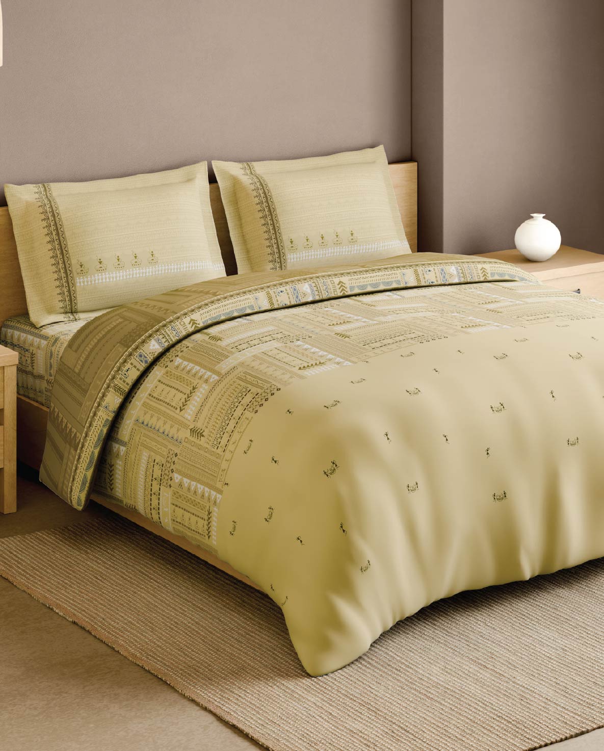 Spaces Warli Light Yellow Abstract 100% Cotton 210 TC Large Bedsheet with 2 Pillow Covers - 108 x 108 Inches