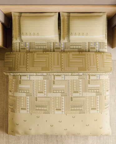 Spaces Warli Light Yellow Abstract 100% Cotton 210 TC Large Bedsheet with 2 Pillow Covers - 108 x 108 Inches