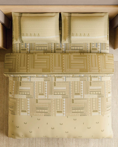 Spaces Warli Light Yellow Abstract 100% Cotton 210 TC Large Bedsheet with 2 Pillow Covers - 108 x 108 Inches