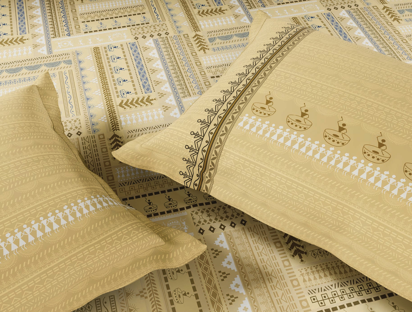 Spaces Warli Light Yellow Abstract 100% Cotton Large Bedsheet with 2 Pillow Covers - 108 x 108 Inches
