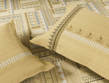 Spaces Warli Light Yellow Abstract 100% Cotton Large Bedsheet with 2 Pillow Covers - 108 x 108 Inches