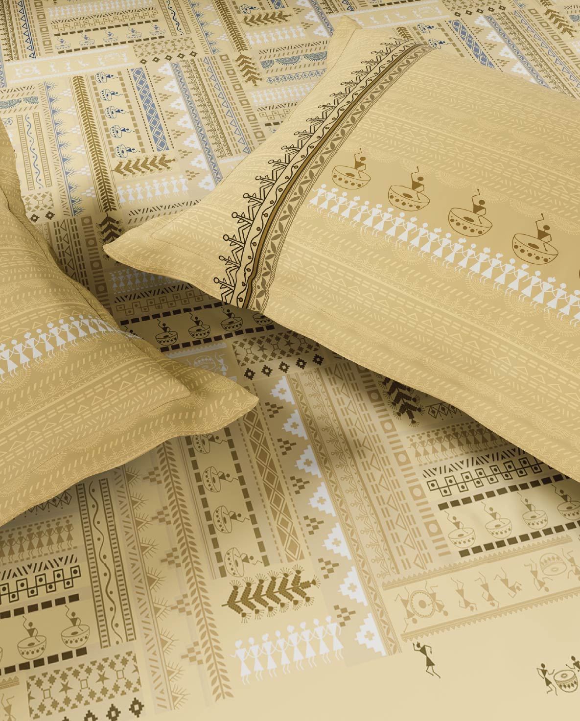 Spaces Warli Light Yellow Abstract 100% Cotton 210 TC Large Bedsheet with 2 Pillow Covers - 108 x 108 Inches