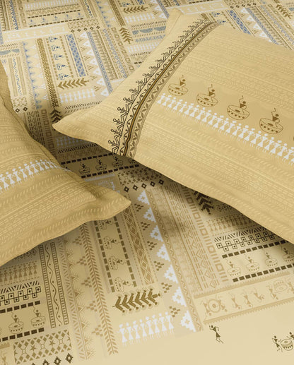 Spaces Warli Light Yellow Abstract 100% Cotton 210 TC Large Bedsheet with 2 Pillow Covers - 108 x 108 Inches