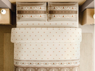 Spaces Marble Inlay Cream Floral 100% Cotton 210 TC Large Bedsheet with 2 Pillow Covers - 108 x 108 Inches