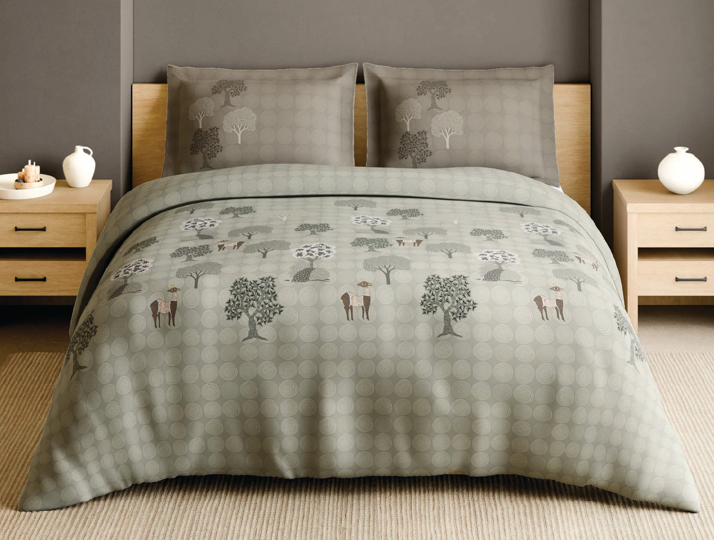 Spaces Gond Light Grey Abstract 100% Cotton Large Bedsheet with 2 Pillow Covers - 108 x 108 Inches
