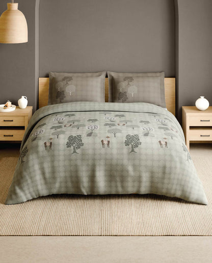 Spaces Gond Light Grey Abstract 100% Cotton 210 TC Large Bedsheet with 2 Pillow Covers - 108 x 108 Inches