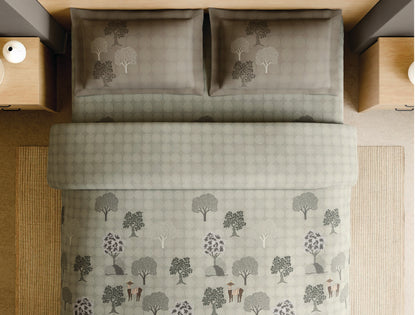 Spaces Gond Light Grey Abstract 100% Cotton Large Bedsheet with 2 Pillow Covers - 108 x 108 Inches