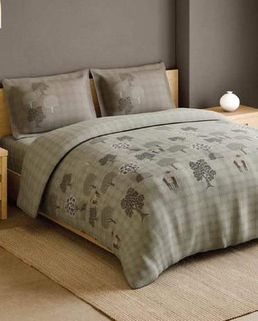 Spaces Gond Light Grey Abstract 100% Cotton 210 TC Large Bedsheet with 2 Pillow Covers - 108 x 108 Inches
