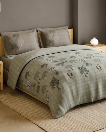 Spaces Gond Light Grey Abstract 100% Cotton 210 TC Large Bedsheet with 2 Pillow Covers - 108 x 108 Inches