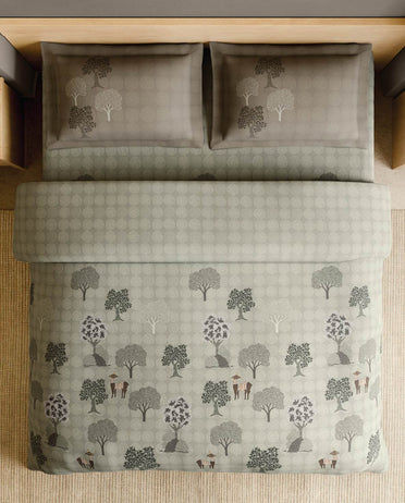 Spaces Gond Light Grey Abstract 100% Cotton 210 TC Large Bedsheet with 2 Pillow Covers - 108 x 108 Inches