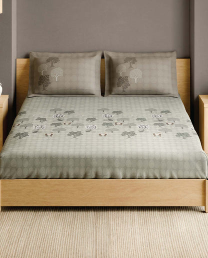 Spaces Gond Light Grey Abstract 100% Cotton 210 TC Large Bedsheet with 2 Pillow Covers - 108 x 108 Inches
