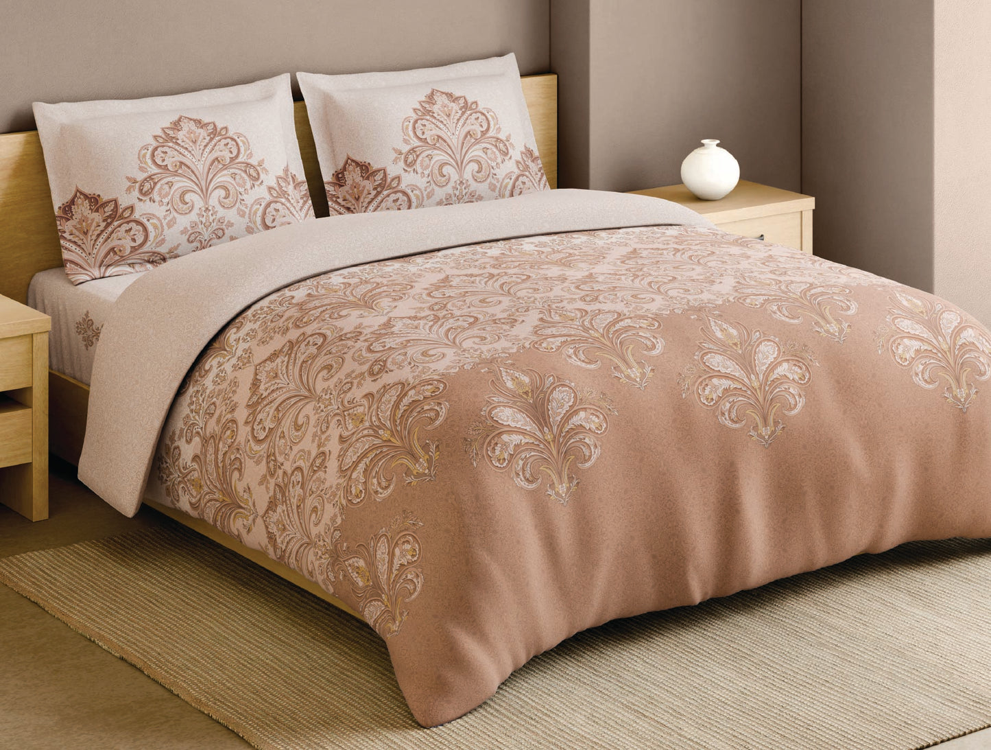 Spaces Blue Pottery 100% Cotton Ornate Light Peach Festive Large Bedsheet with 2 Pillow Covers - 108 x 108 Inches
