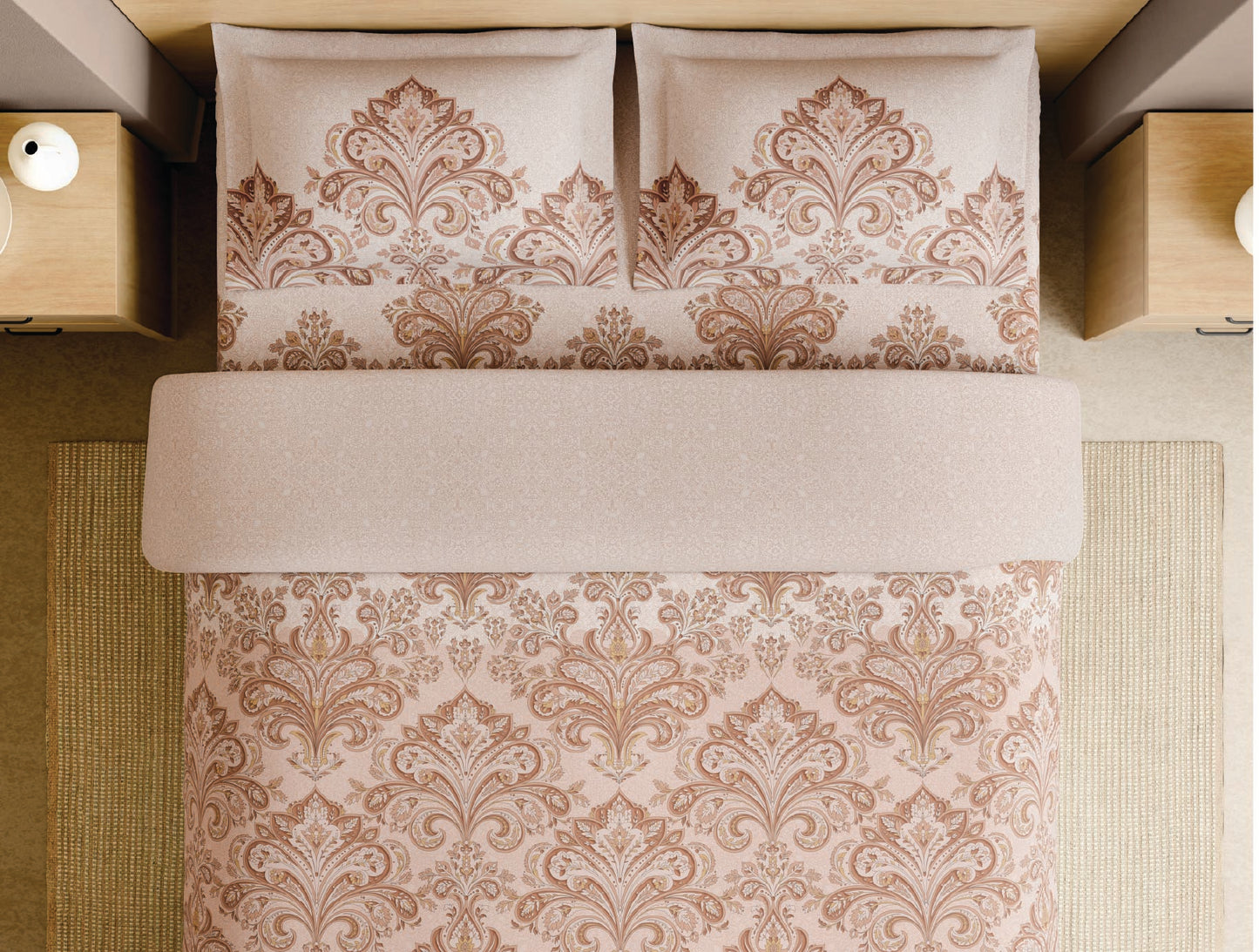 Spaces Blue Pottery 100% Cotton Ornate Light Peach Festive Large Bedsheet with 2 Pillow Covers - 108 x 108 Inches