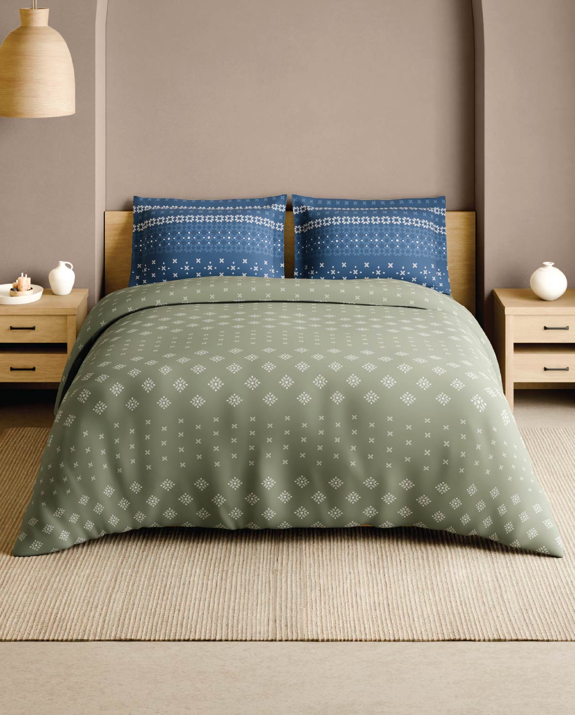 Spaces Lippan Light Green Ornate 100% Cotton 210 TC Large Bedsheet with 2 Pillow Covers - 108 x 108 Inches