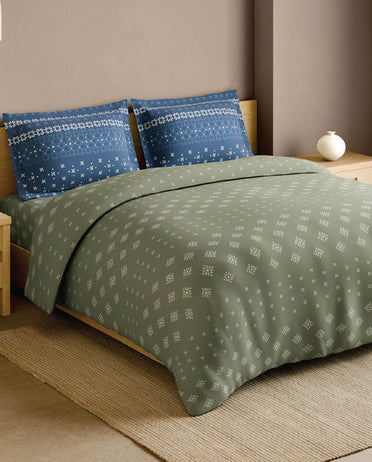 Spaces Lippan Light Green Ornate 100% Cotton 210 TC Large Bedsheet with 2 Pillow Covers - 108 x 108 Inches